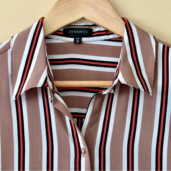 Dynamite| Classic Loose Tan Striped Oversized Flowy Collar & Button Shirt Sz S - Picture 3 of 7